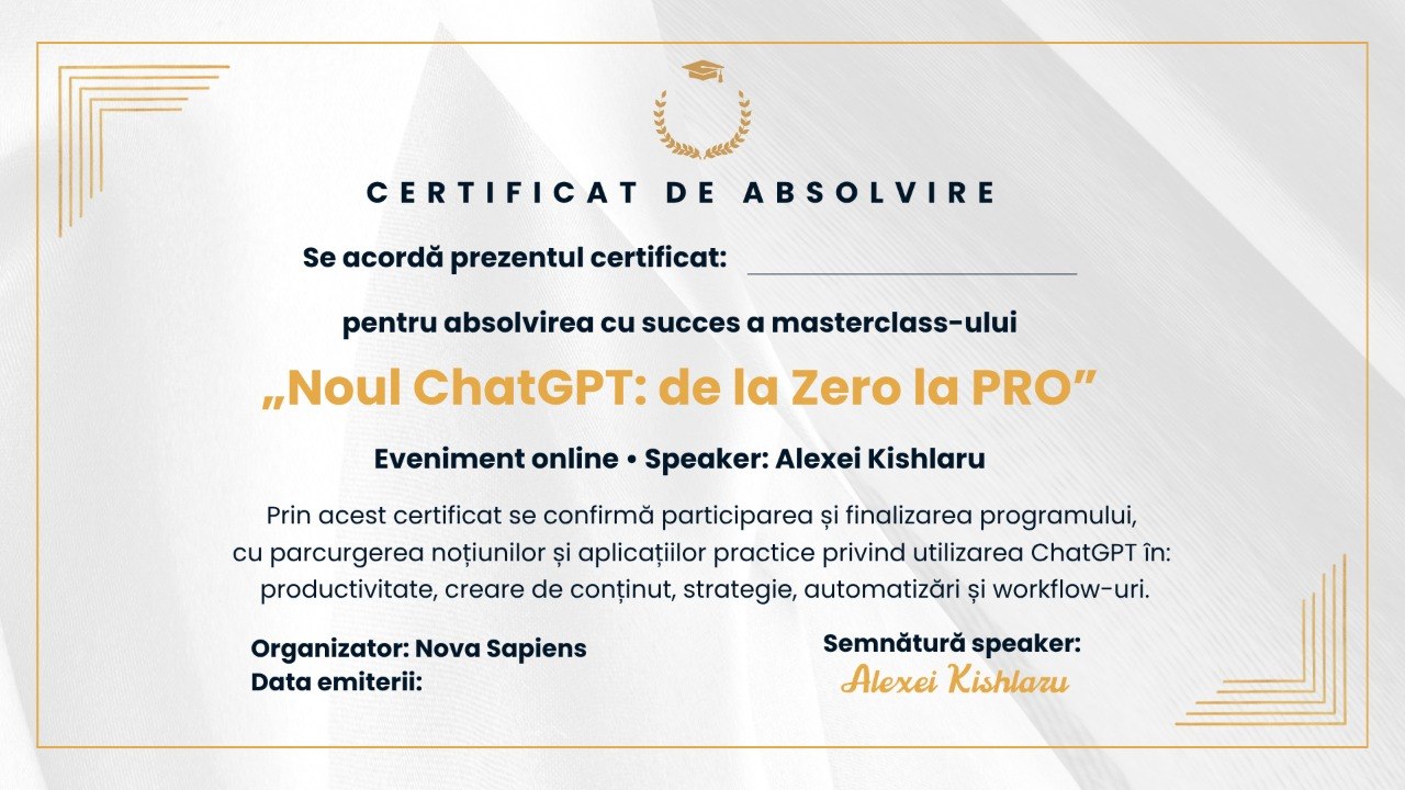 Certificat de absolvire — Masterclass Noul ChatGPT de la Zero la PRO